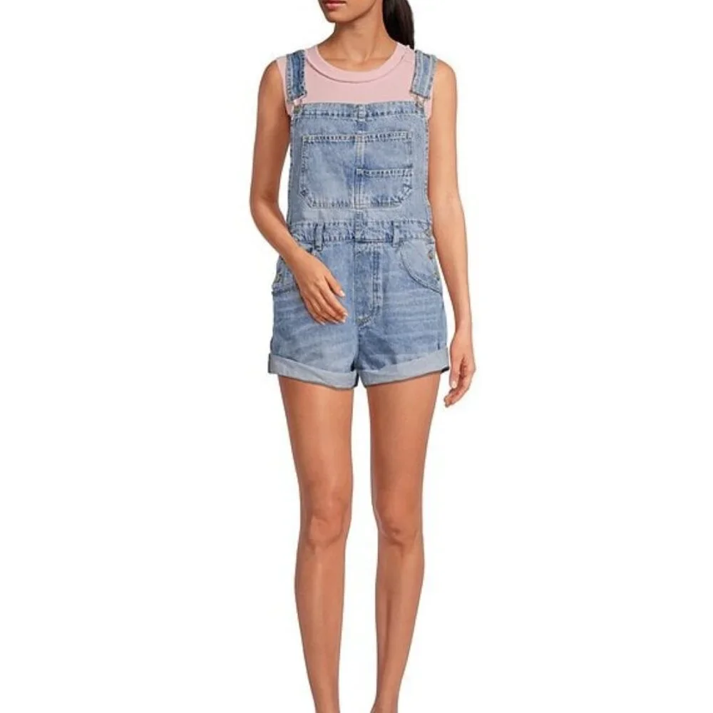 Ziggy Square Neck Sleeveless Frayed Cuffed Hem Shortall Overalls Clolor FYH - Picture 1 of 8